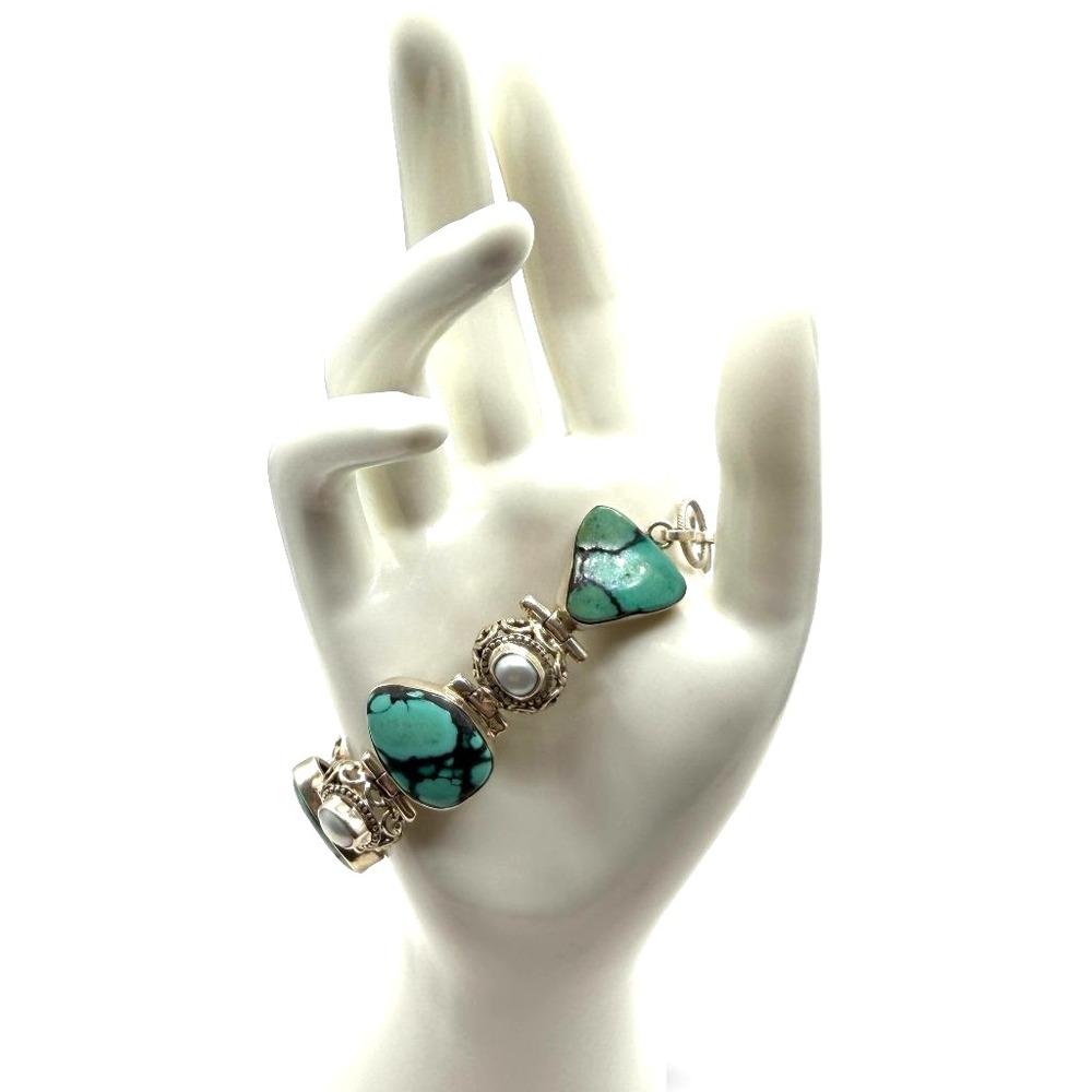 Sterling Silver 925 Turquoise Pearl Bracelet Tibetan Style Toggle Boho 7.5 inch